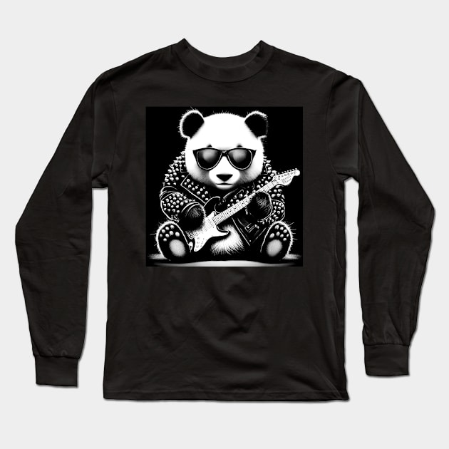 A panda bear wearing an old leather jacket and playing the guitar. Long Sleeve T-Shirt by ART-POD-PL